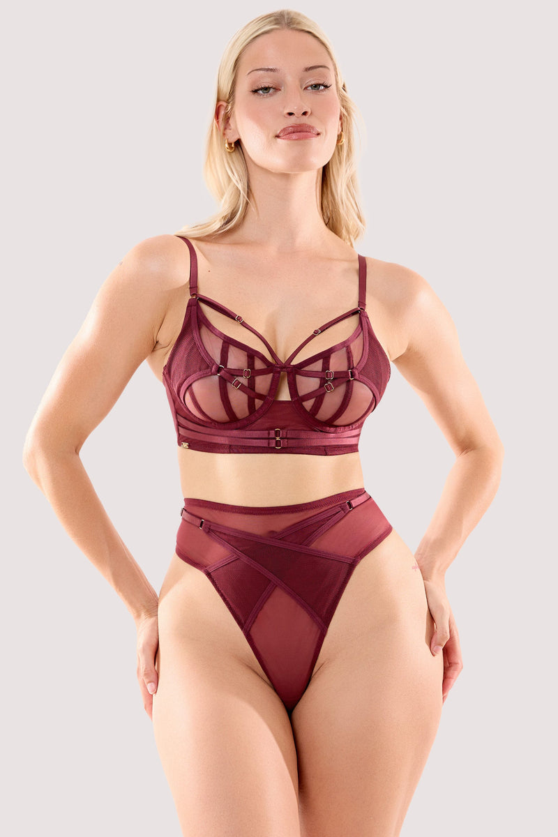 Eddie Wine Crossover High Waist String – Wijnrood met Transparante Mesh D+ Plus Size