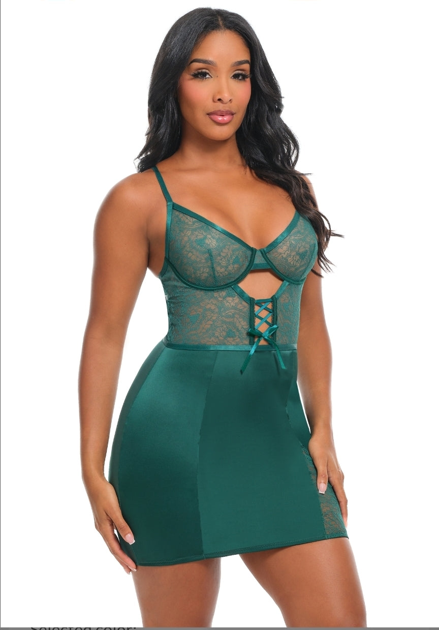 Joyce Forestgroene Babydoll – Verfijnde Luxe Met Kant En Mesh