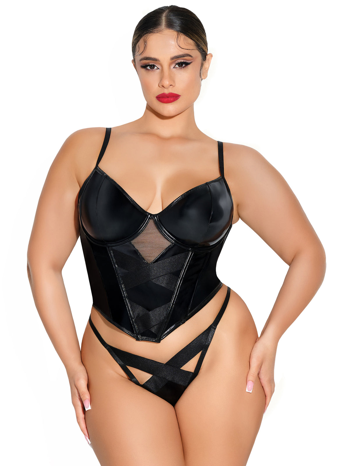 Thorne Corset Set – Zwart Vinyl Bustier & String