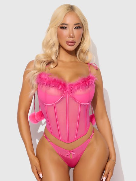 Marilyn Marabou Mesh Corset Set – Fuchsia, inclusief Plus size