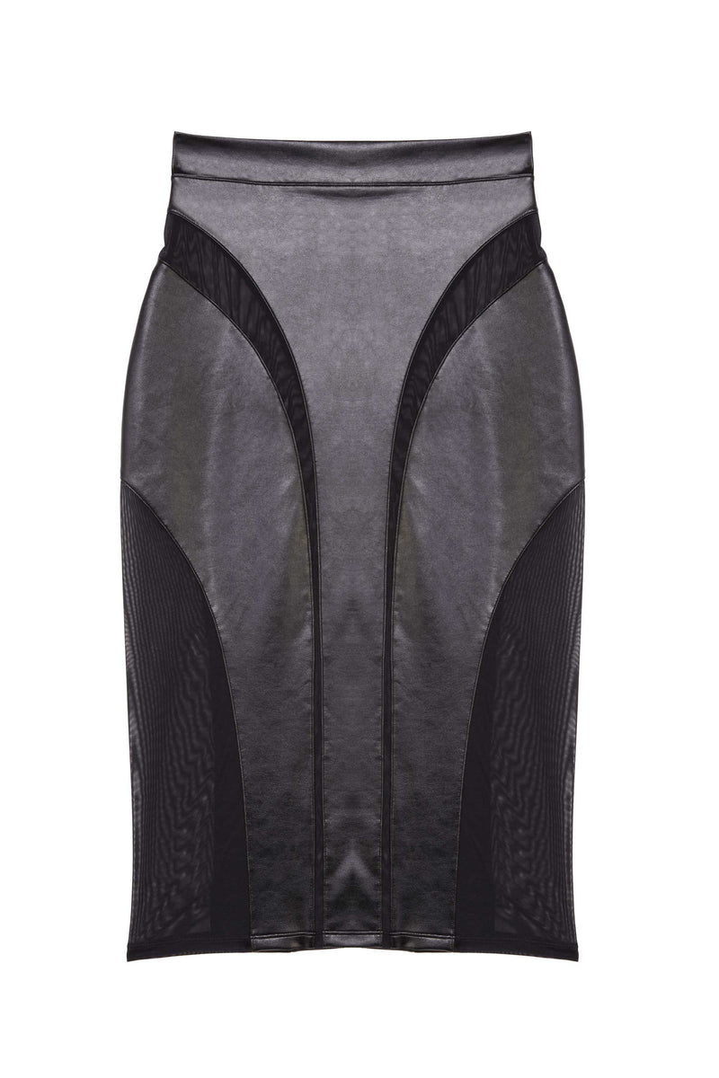 Maeve Vegan Leather Mesh Insert Pencil Skirt – Gedurfde elegantie in vegan leer