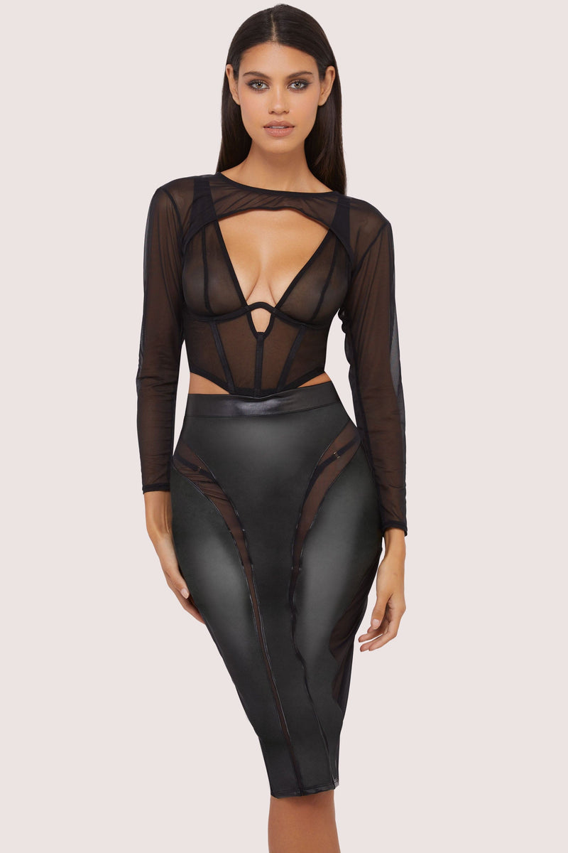 Maeve Vegan Leather Mesh Insert Pencil Skirt – Gedurfde elegantie in vegan leer