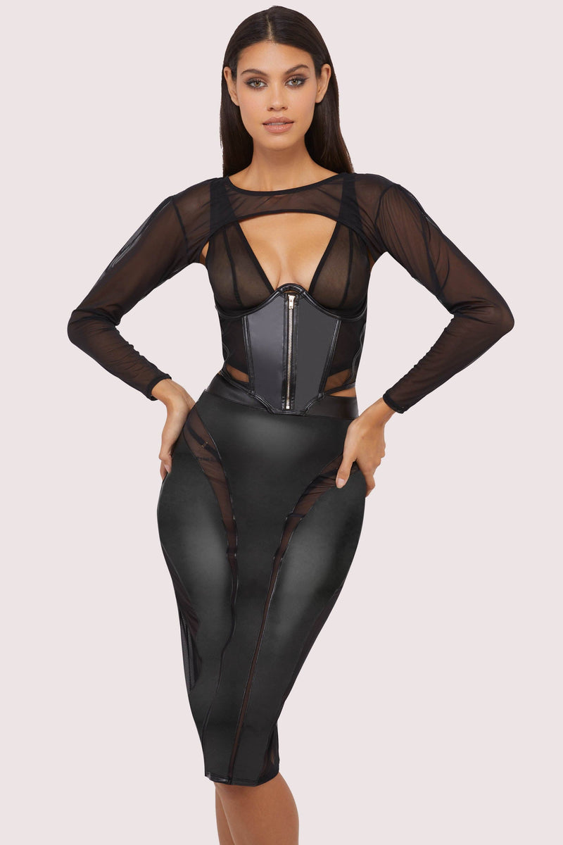 Maeve Vegan Leather Mesh Insert Pencil Skirt – Gedurfde elegantie in vegan leer