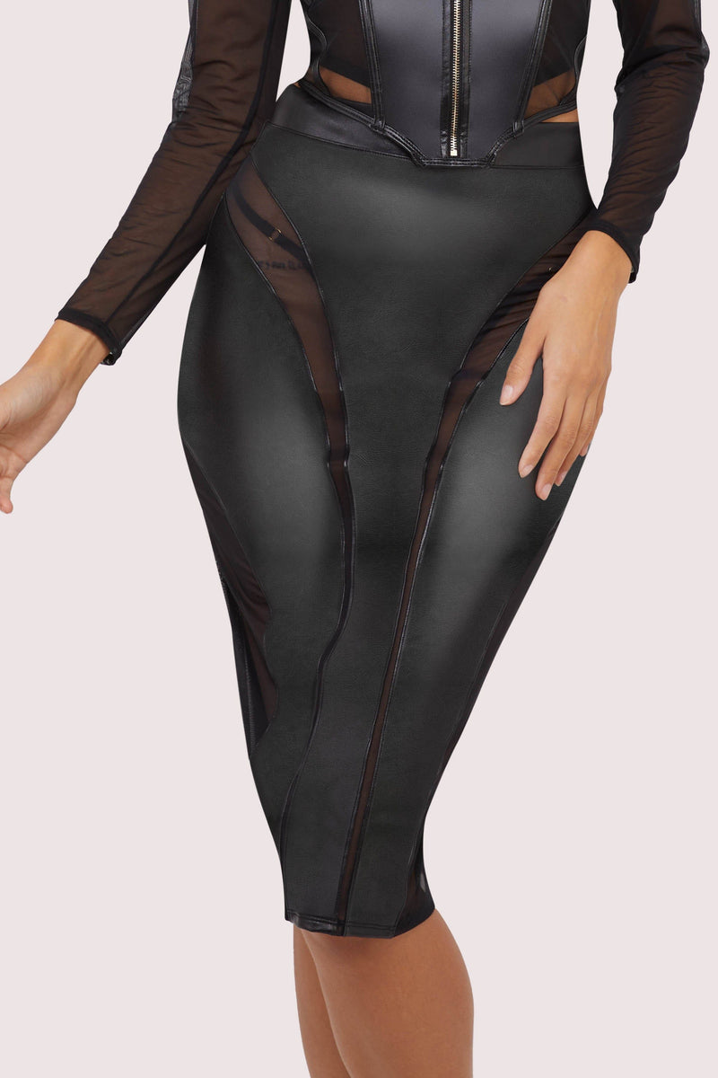 Maeve Vegan Leather Mesh Insert Pencil Skirt – Gedurfde elegantie in vegan leer